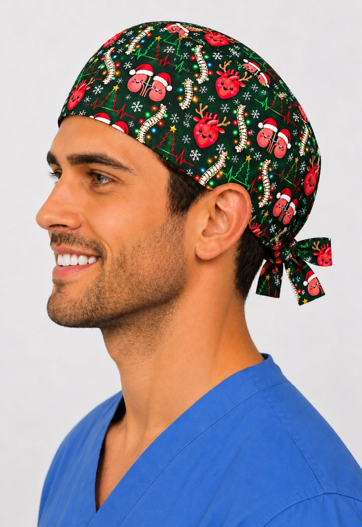 Right side of a funny tie-back surgical hat for men, with spines wrapped in Christmas lights, snowflakes and a knotted tie at the nape