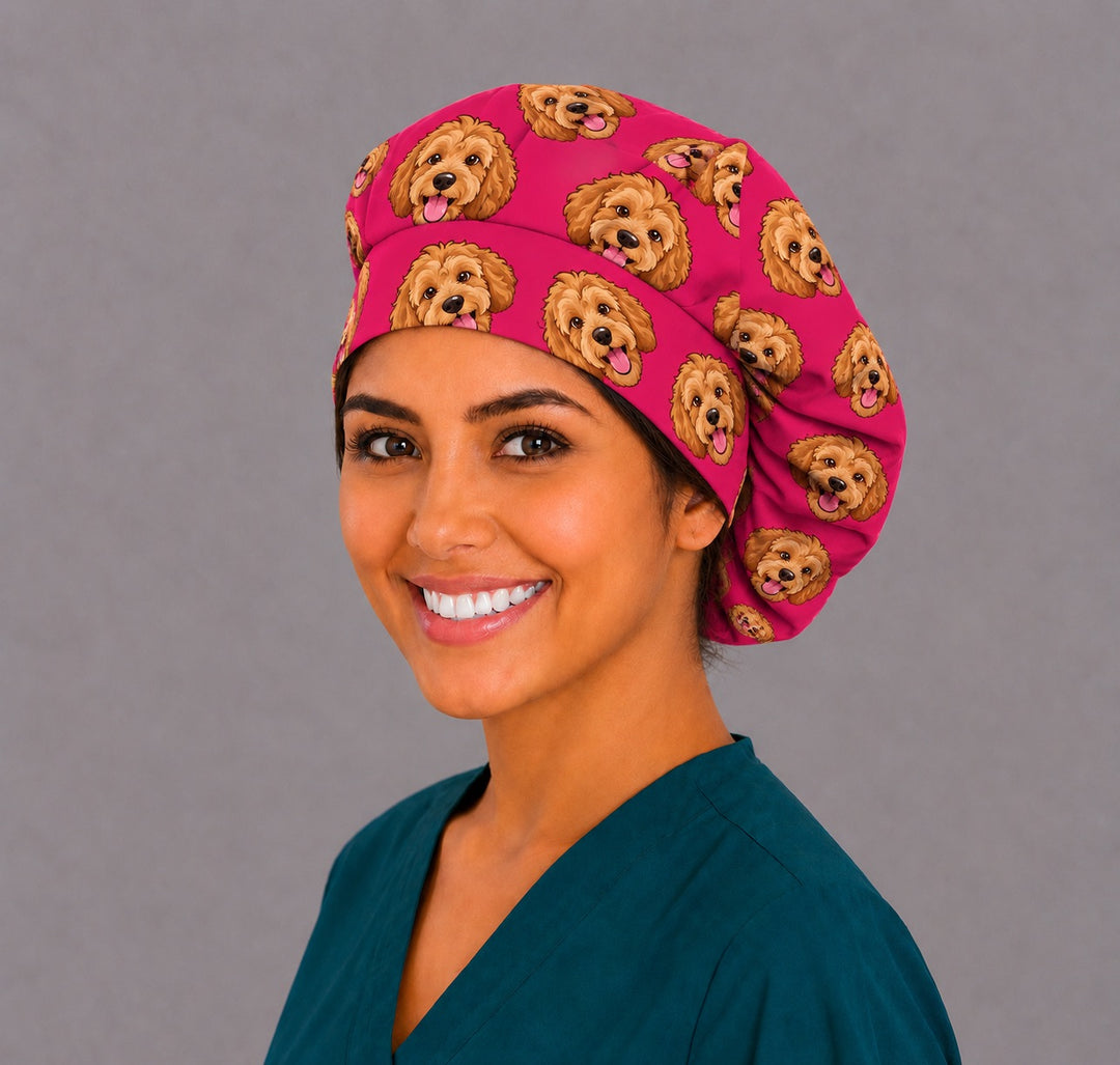 Nurse wearing a funny custom cartoon pet bouffant scrub cap in hot pink with a personalized doodle print, an adjustable surgical hat for long hair, handmade USA by OR World