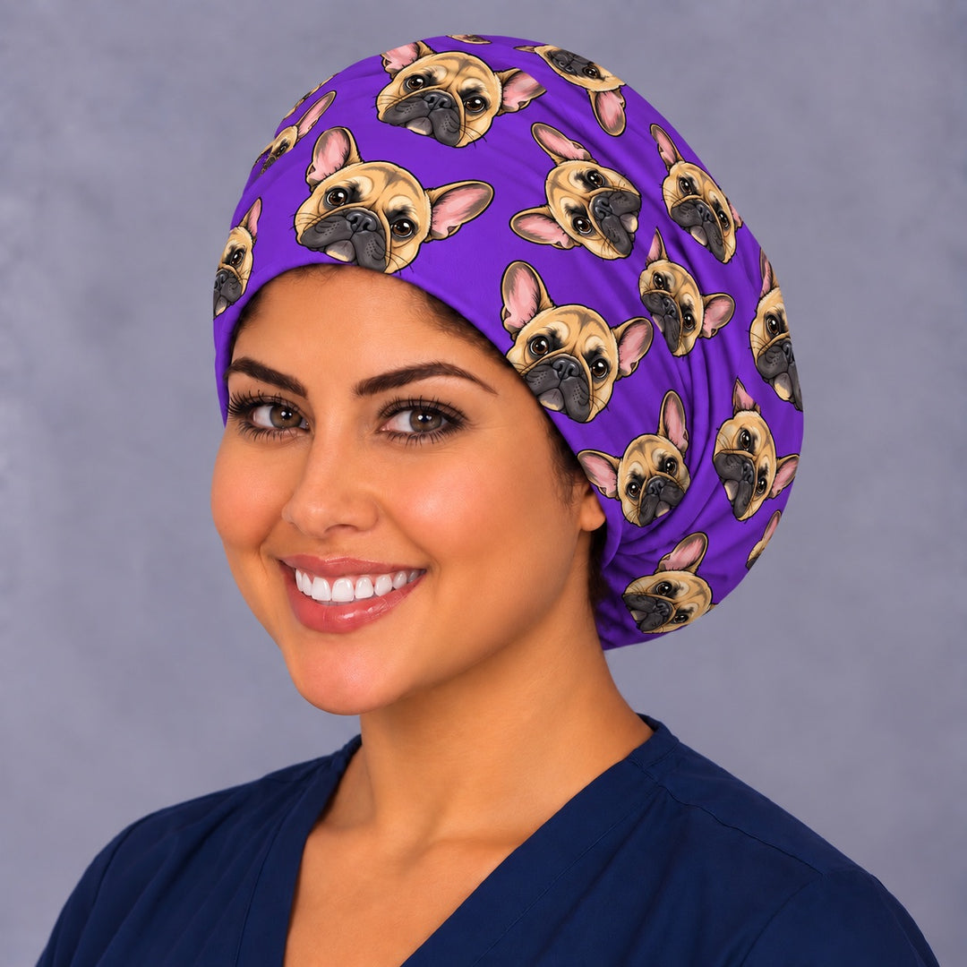 OR nurse wearing a funny custom cartoon pet euro scrub cap in purple with a personalized French bulldog print, handmade USA by OR World