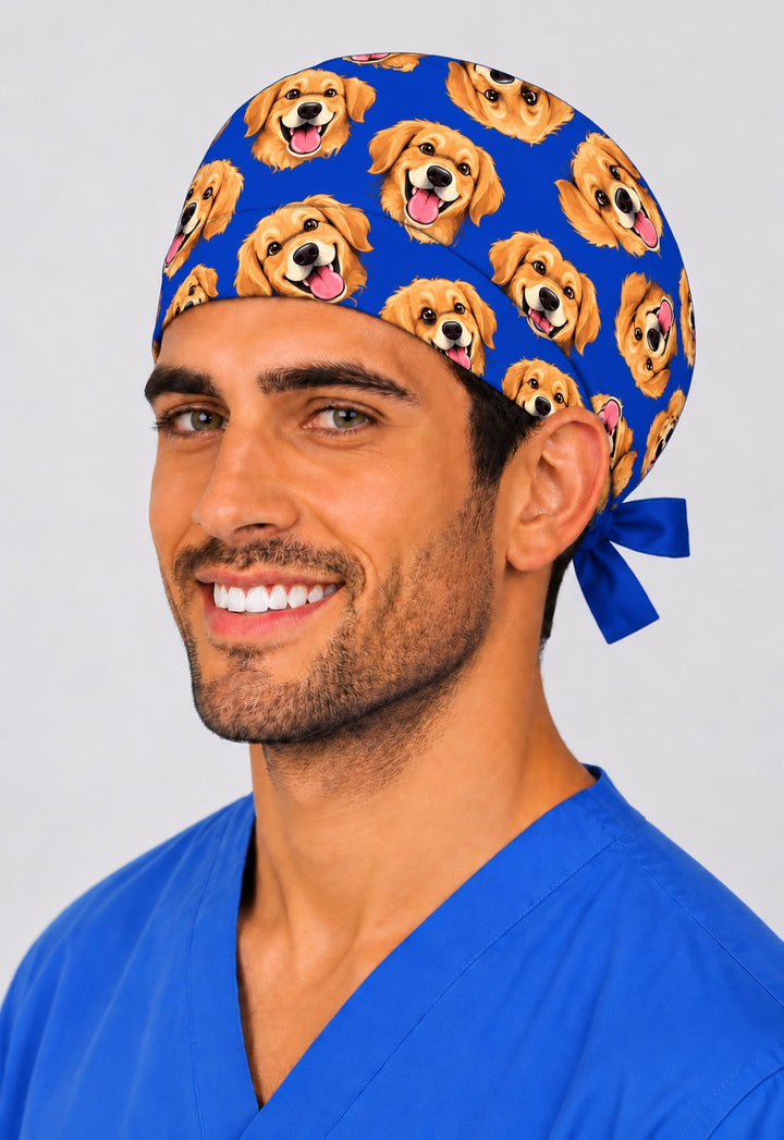 Surgeon wearing a funny custom cartoon pet scrub cap, a men&