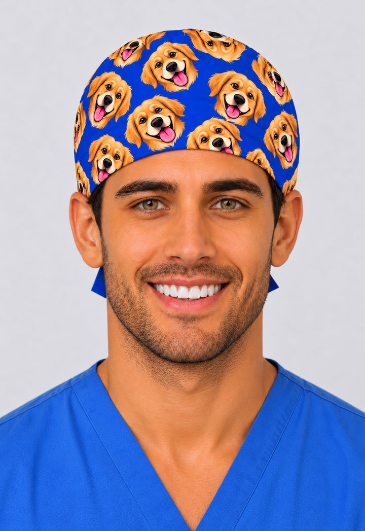Front view of a funny dog scrub cap for men with a custom cartoon golden retriever print on a royal blue unisex surgical cap