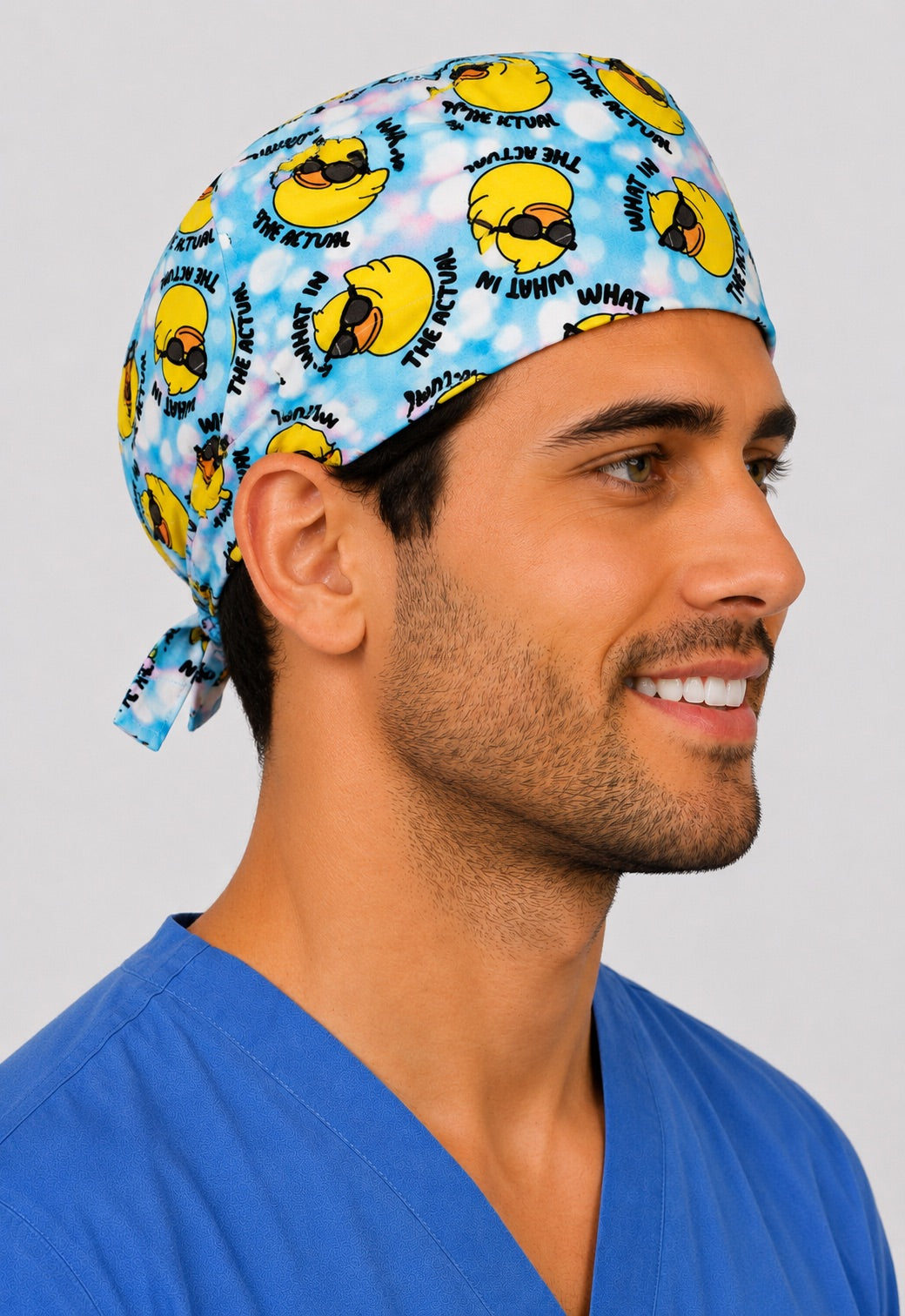 Funny duck surgical cap side profile — optional satin-lined humor scrub cap for nurses, women-owned USA shop