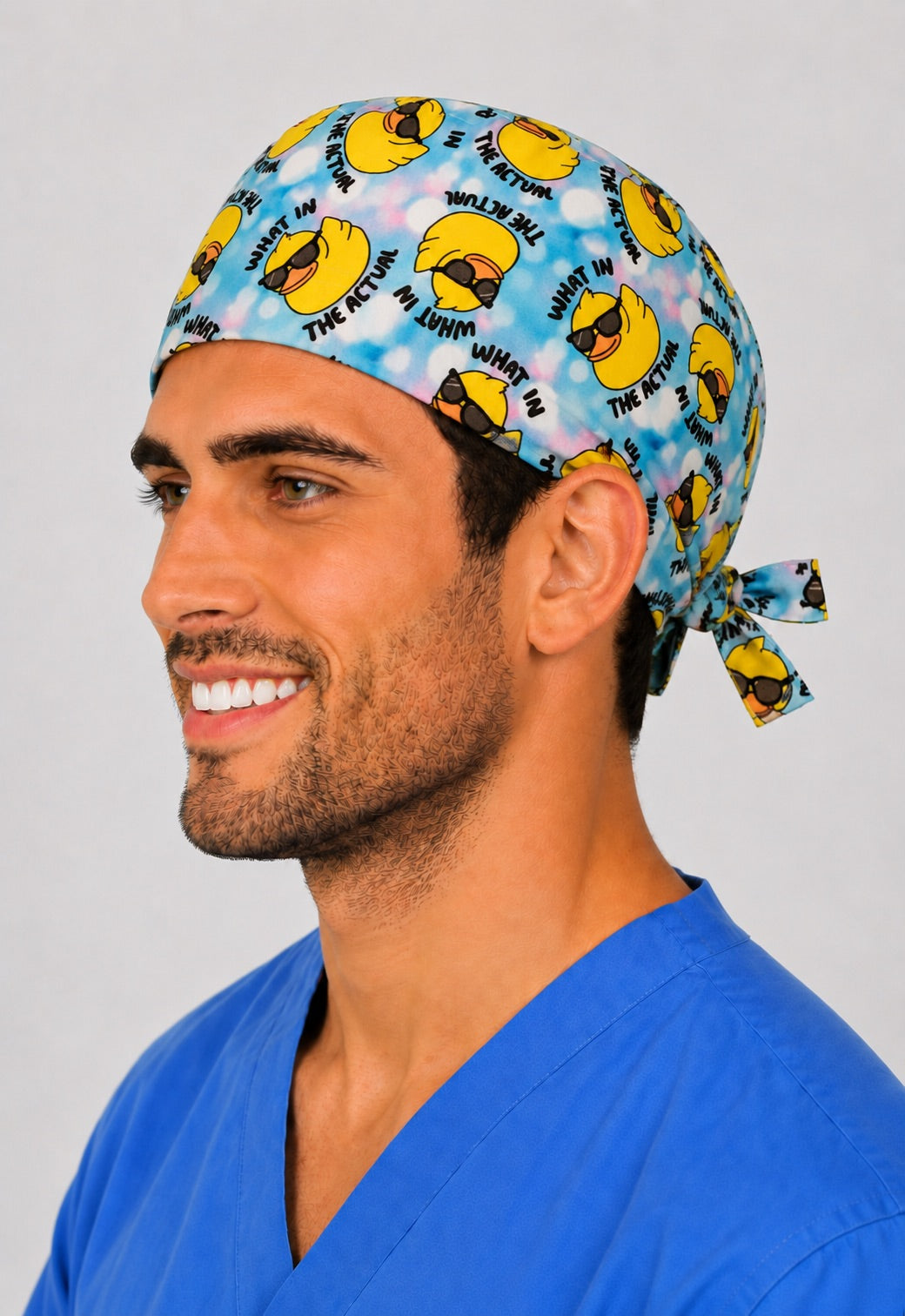 Back view of the funny duck tie-back scrub cap bow — What in the Actual rubber duck print, nurse gift, one size fits most