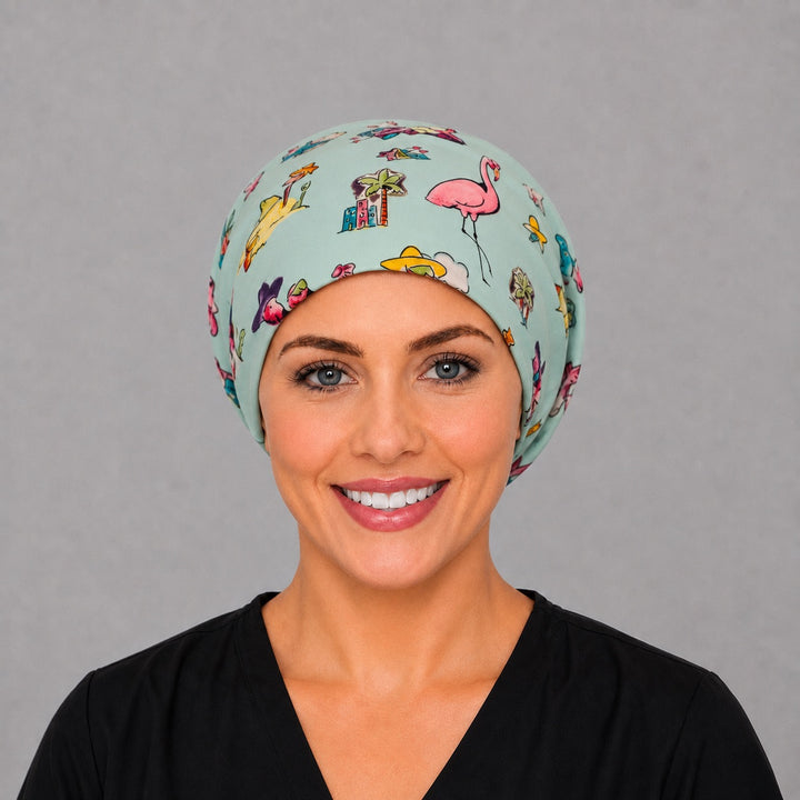Funny flamingo Euro surgical cap, left angled view — elastic adjustable back with full head coverage