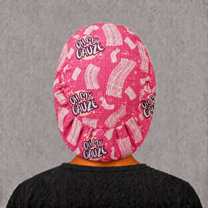 Right side profile of the funny gauze Euro surgical hat — hand-lettered medical humor badges, breathable cotton cap for nurses