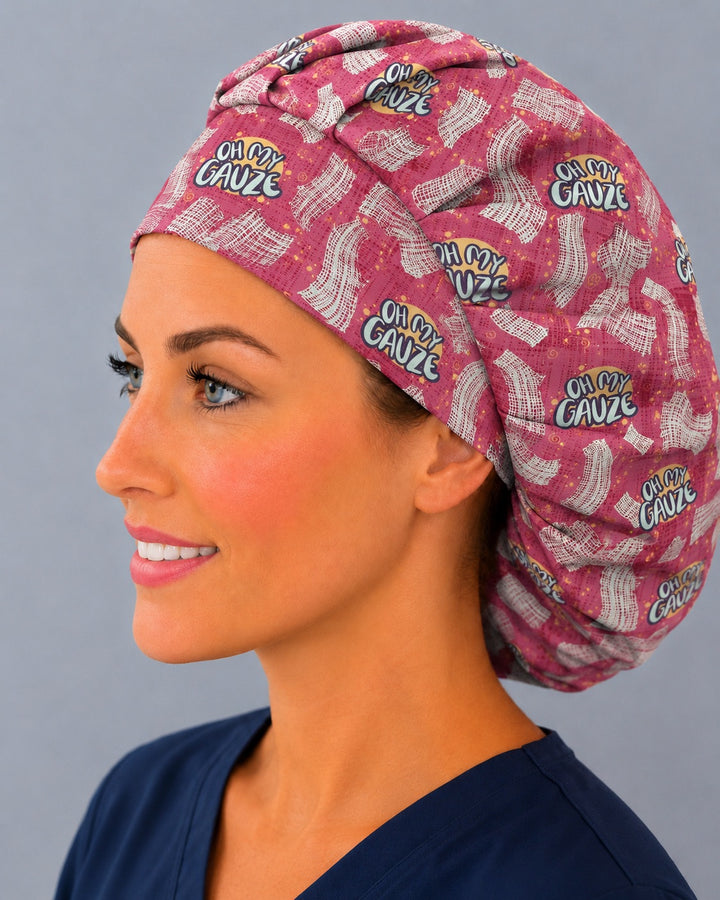 Left side profile of the funny gauze print bouffant surgical hat — hand-lettered medical humor badges, roomy breathable cotton cap for nurses
