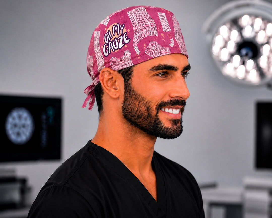 Funny gauze pun surgical hat on a man, side profile — Oh My Gauze tieback scrub cap for OR nurses