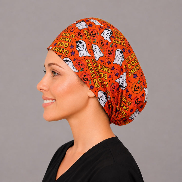 Left side profile of the funny ghost Euro surgical hat — jack-o&