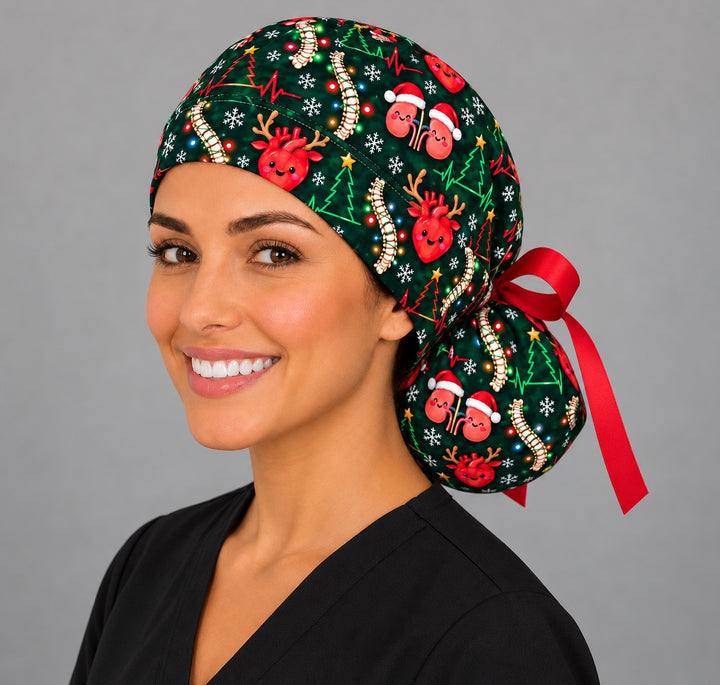 Left angled view of a funny medical Christmas ponytail cap, showing how the pouch holds a low bun with spines in colorful lights and a trailing red ribbon