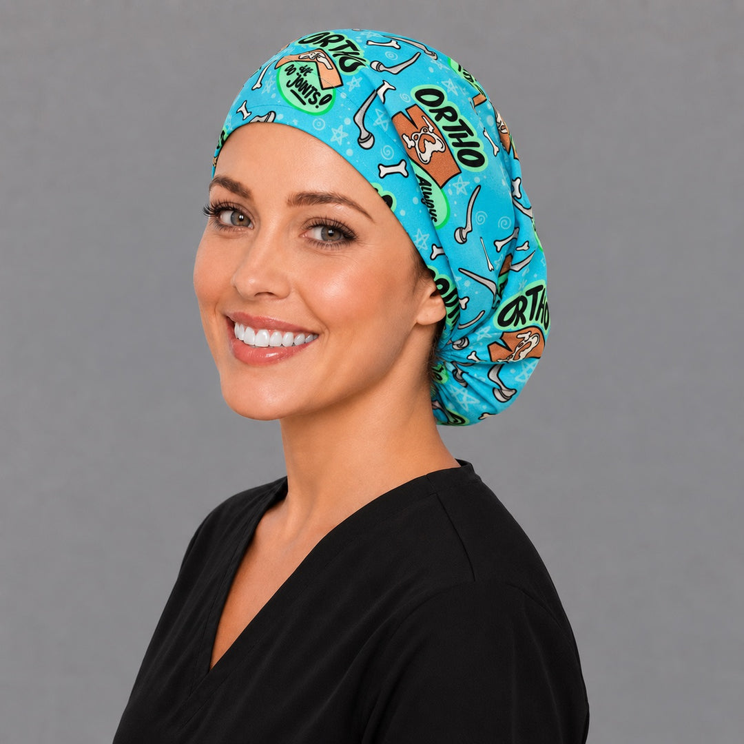 Funny ortho Euro scrub cap, right angled smiling view — Always Time For A Joint print for surgical techs and OR nurses