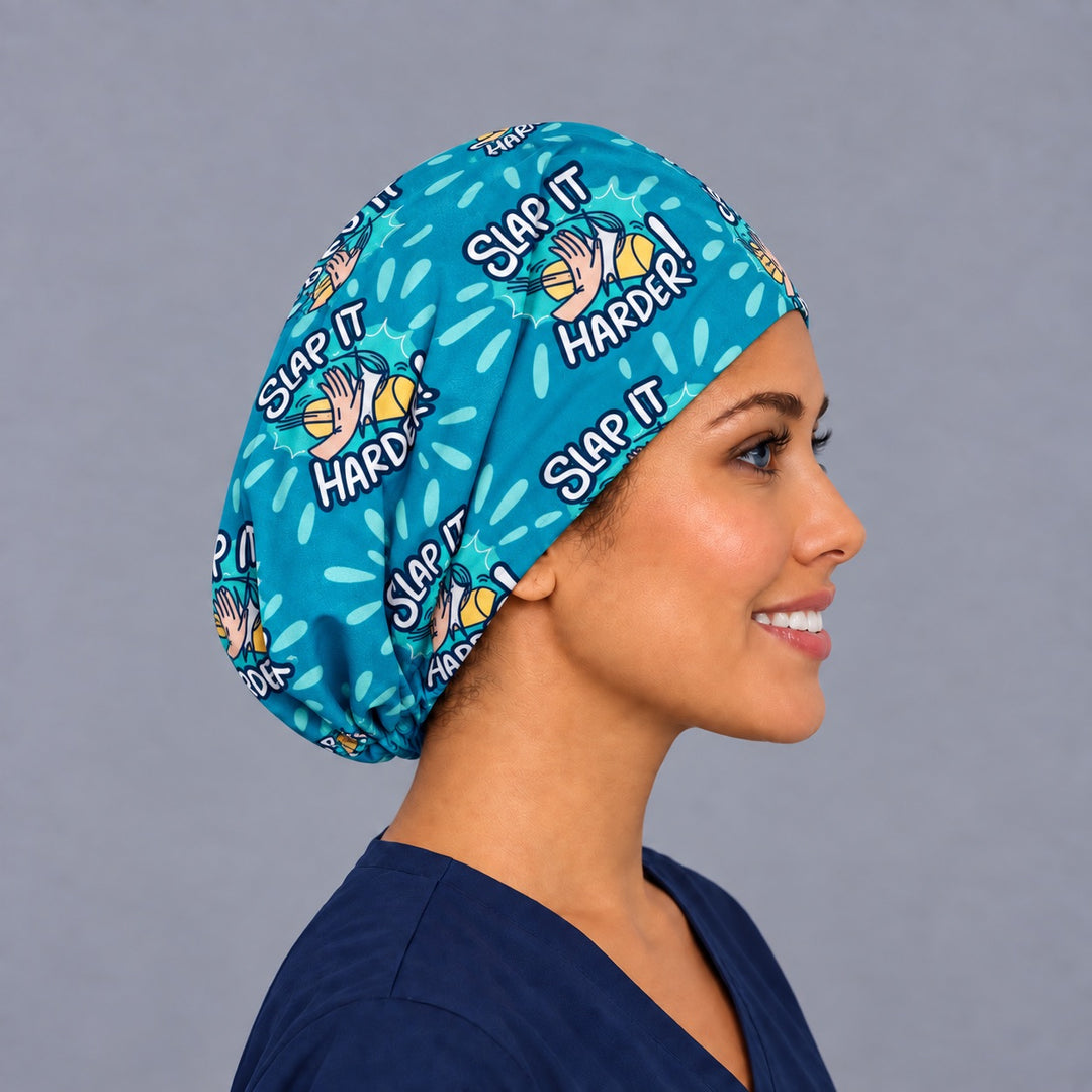 Right side profile of the funny ortho Slap It Harder Euro hat — comic burst print, breathable cotton cap for scrub techs