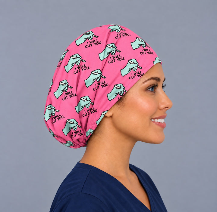 Right side profile of the funny surgeon scalpel Euro hat — pink surgery humor print, breathable cotton cap for OR teams