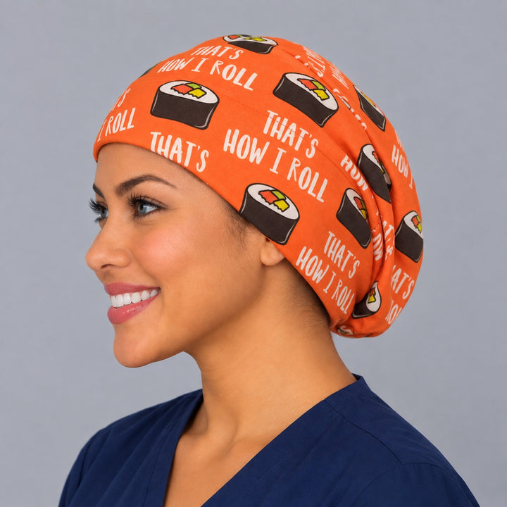 Left side profile of the funny sushi Euro surgical hat — orange maki roll print, breathable cotton cap for OR nurses