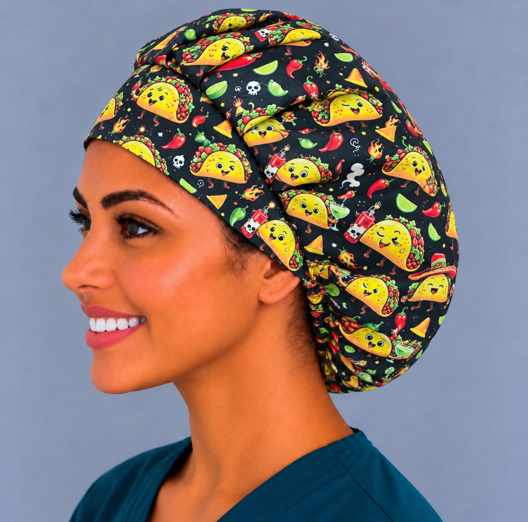 Right side profile of the funny taco bouffant scrub cap — hot sauce and chili pepper tacos, breathable cotton cap