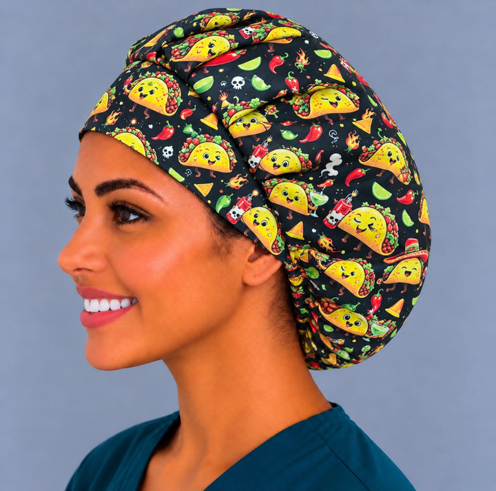 Right side profile of the funny taco bouffant scrub cap — hot sauce and chili pepper tacos, breathable cotton cap