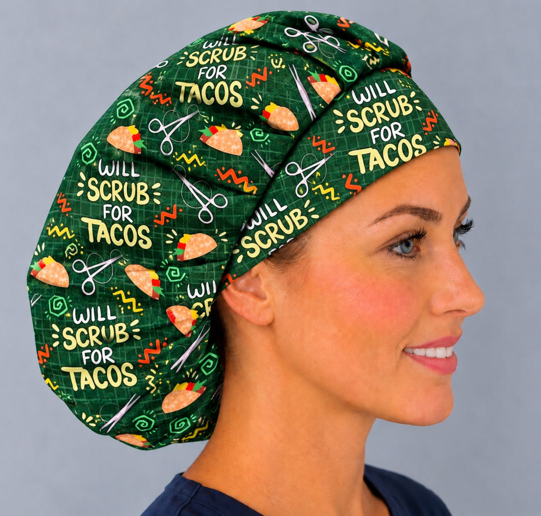 Side profile of a funny taco bouffant surgical hat, showing lavender hemostats and loaded tacos along the full gathered side