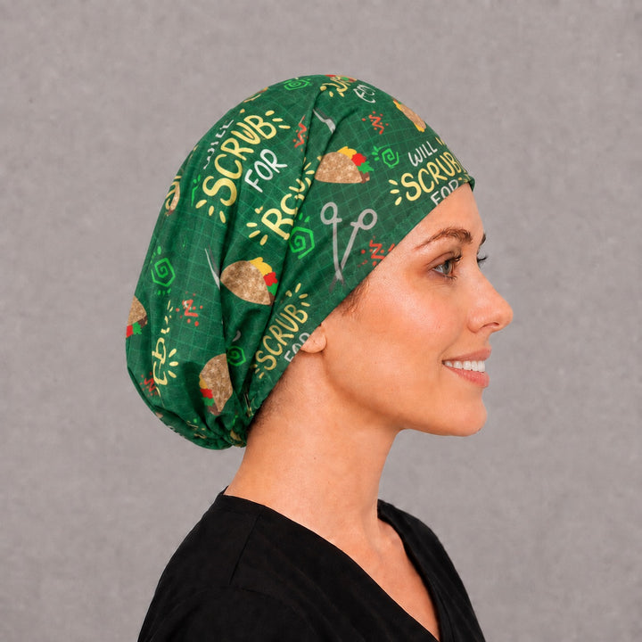 Right side profile of the funny taco Euro surgical hat — green fiesta print with hemostats, breathable cotton cap for nurses