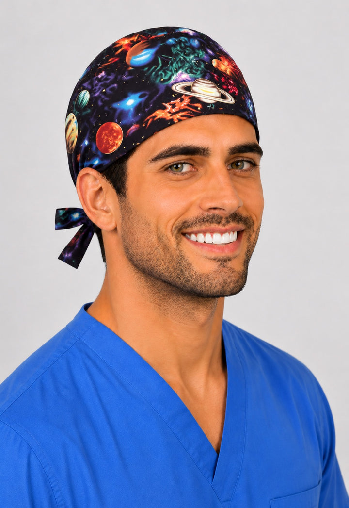 Side angle of male model wearing galaxy planets print scrub cap with Saturn&