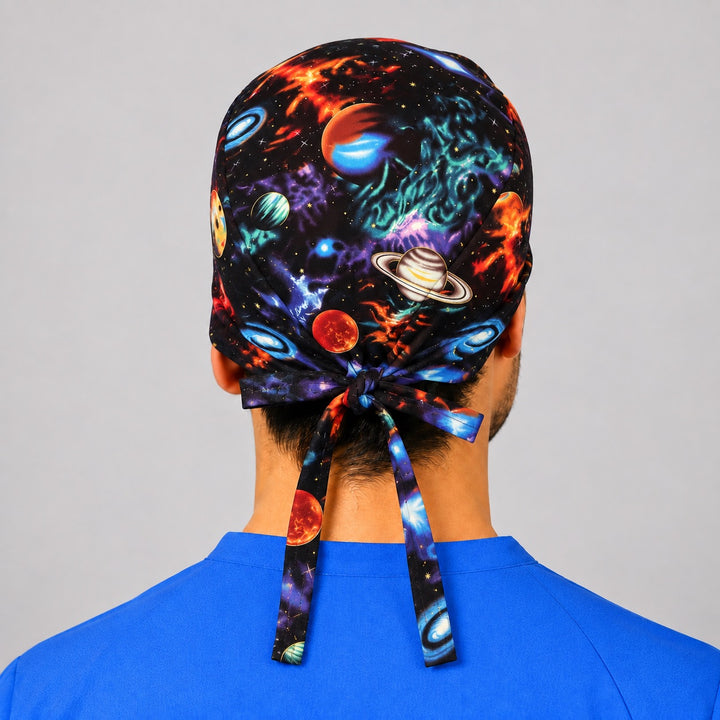 Back view of galaxy scrub cap showing adjustable tie-back closure — outer space surgical hat for nurses, surgeons, and OR techs