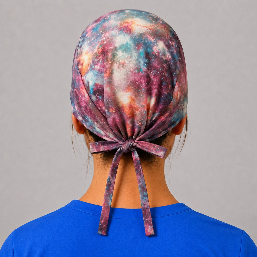 Back view of adjustable tie-back knot on cosmic galaxy nebula unisex surgical hat