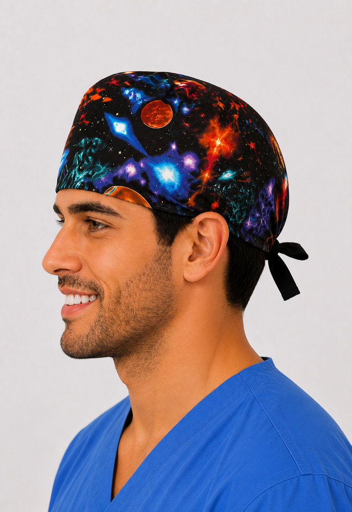 Side view of man in galaxy outer space tie-back scrub cap — handmade USA men&