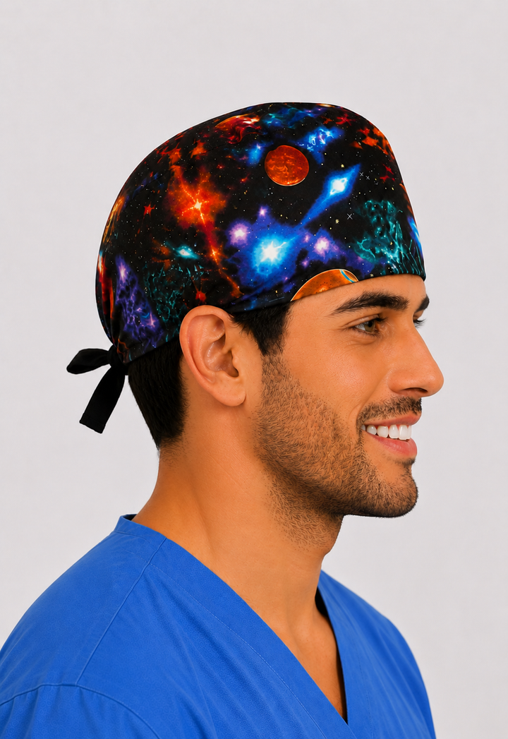 Profile view of galaxy planets tie-back scrub cap on a male model — handmade-in-USA surgical hat, gift for surgeons, nurses &amp; space lovers.