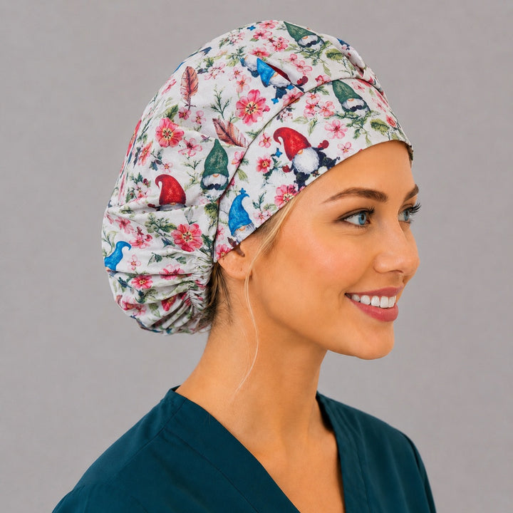 Right side profile of the garden gnome bouffant surgical hat — whimsical gnome and floral print, roomy breathable cotton cap for nurses