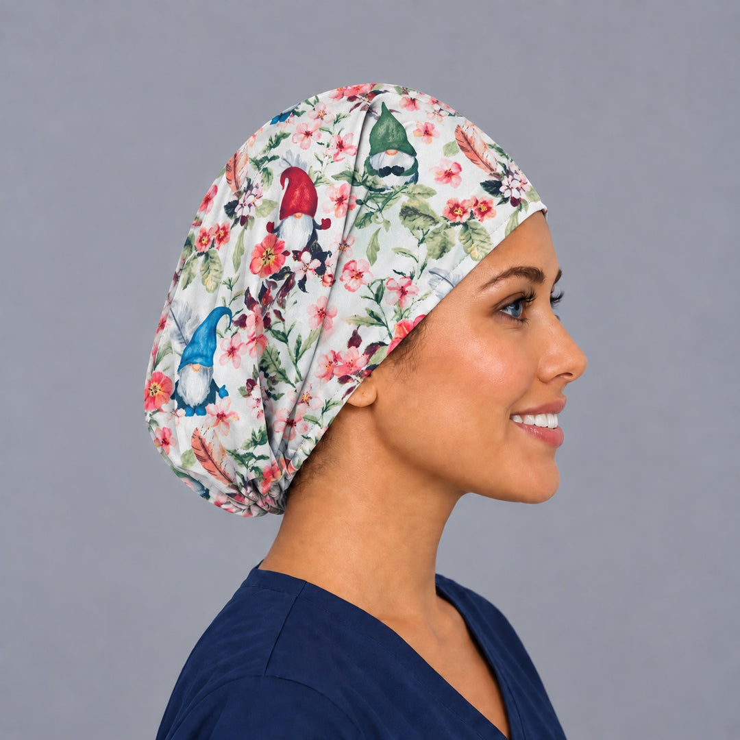 Right side profile of the garden gnome Euro surgical hat — whimsical gnome and floral print, breathable cotton cap for nurses
