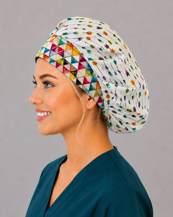 Geometric triangle band bouffant cap for women, left side profile — handmade boho arrow print surgical cap, USA made