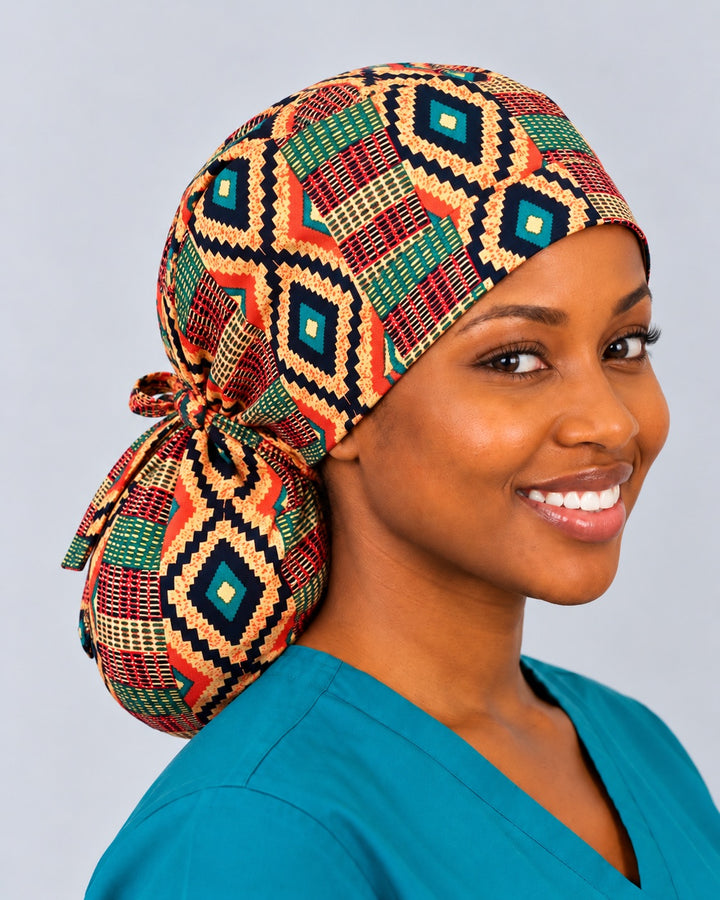 Left three-quarter view of a Ghana Kente-inspired surgical cap for thick hair, showing the print-matched bow tied at the nape