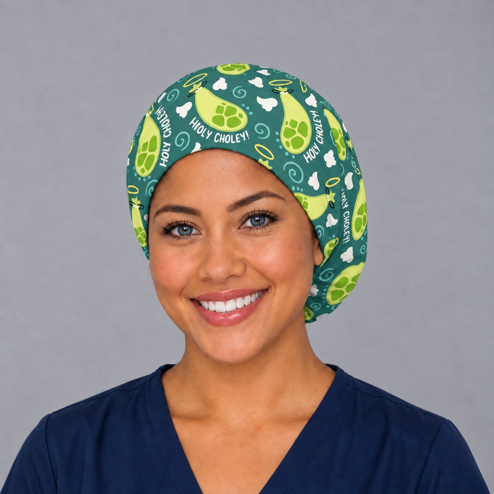 GI medical humor Euro scrub cap, right angled smiling view — Holy Choley lettering for surgeons and scrub techs