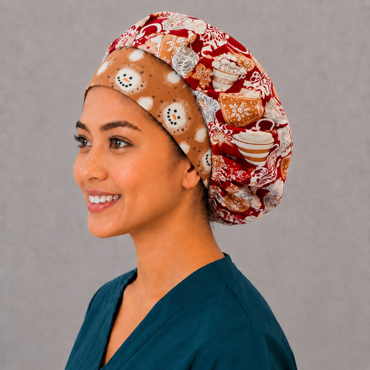 Gingerbread and cocoa bouffant cap for women, left side profile — handmade Christmas surgical cap, USA made