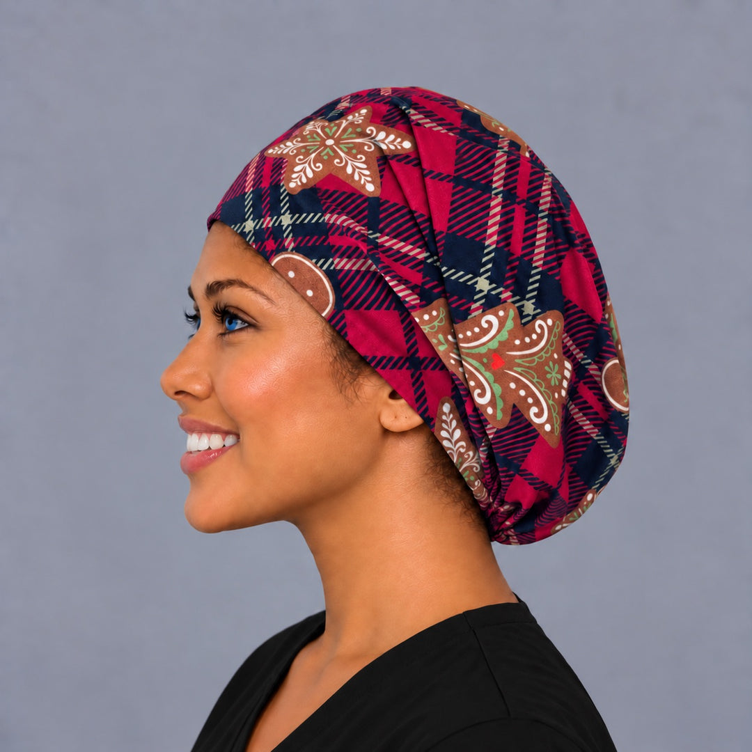 Gingerbread cookie Euro cap, left side profile — handmade buffalo plaid holiday surgical cap, USA made