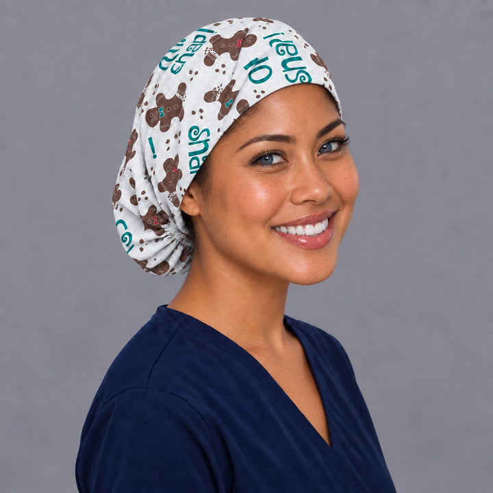 Gingerbread cookie Euro surgical cap, right angled view — elastic adjustable back that secures long or thick hair