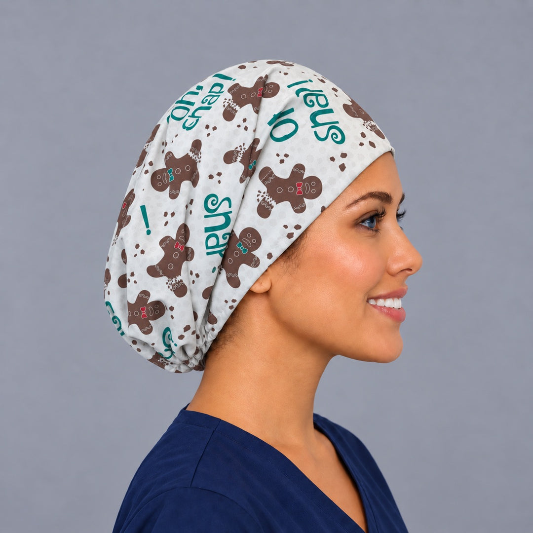 Right side profile of the gingerbread man Euro surgical hat — Oh Snap lettering in green, breathable cotton cap for nurses
