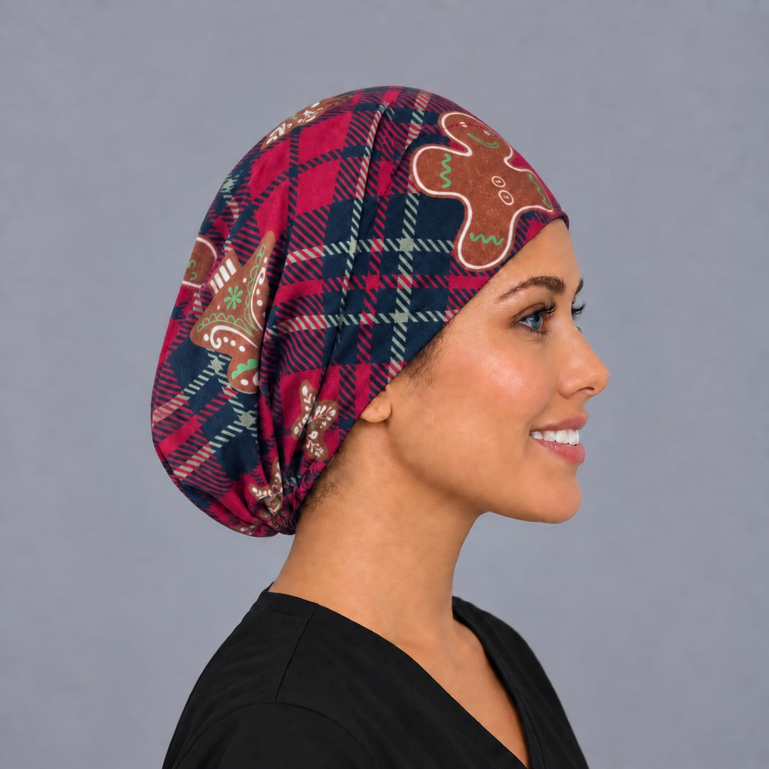 Right side profile of the gingerbread man plaid Euro surgical hat — frosted cookie print, breathable cotton cap for nurses