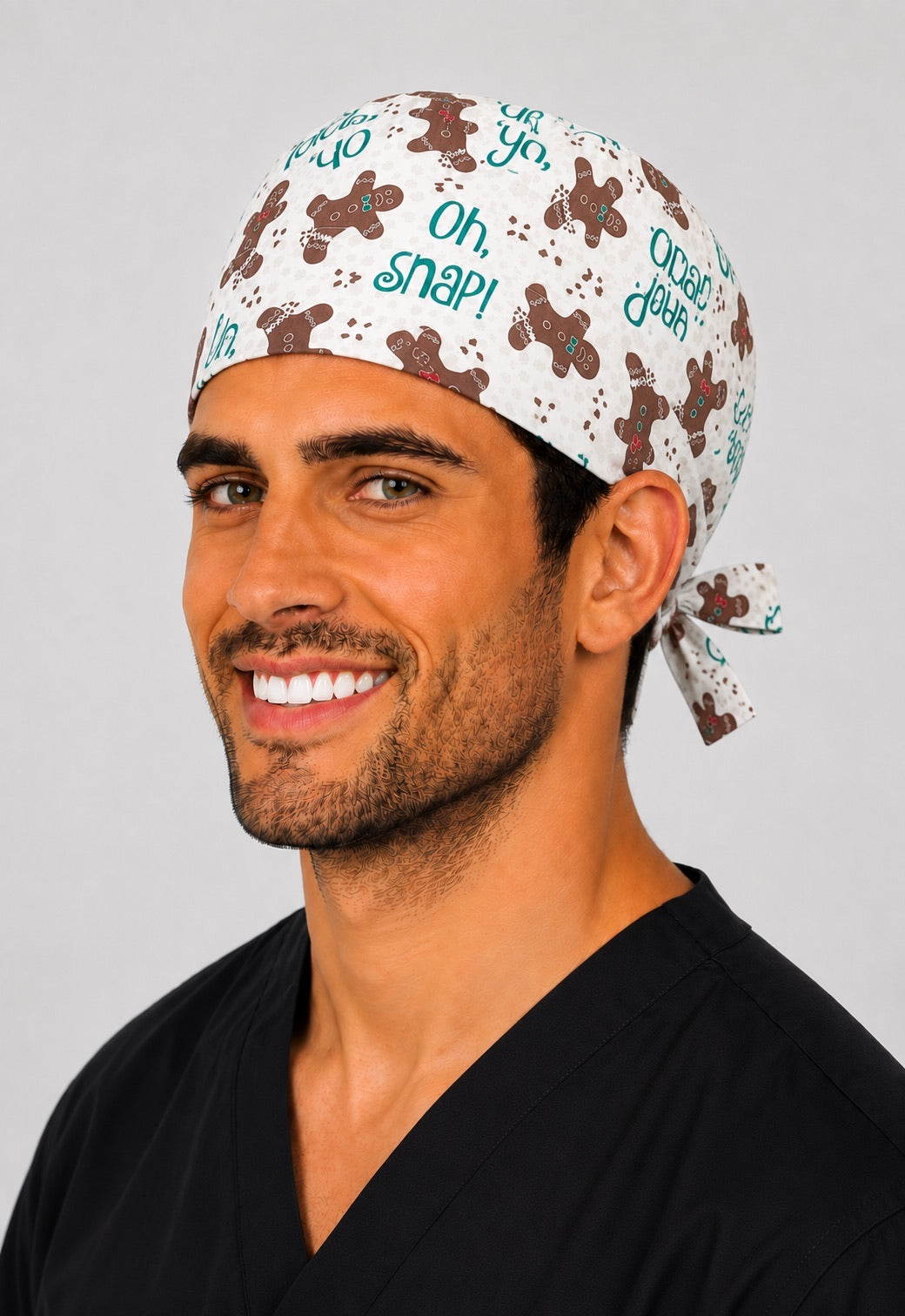 Right profile of gingerbread Oh Snap Christmas men's scrub cap, adjustable tie-back holiday surgical hat for surgeons and techs