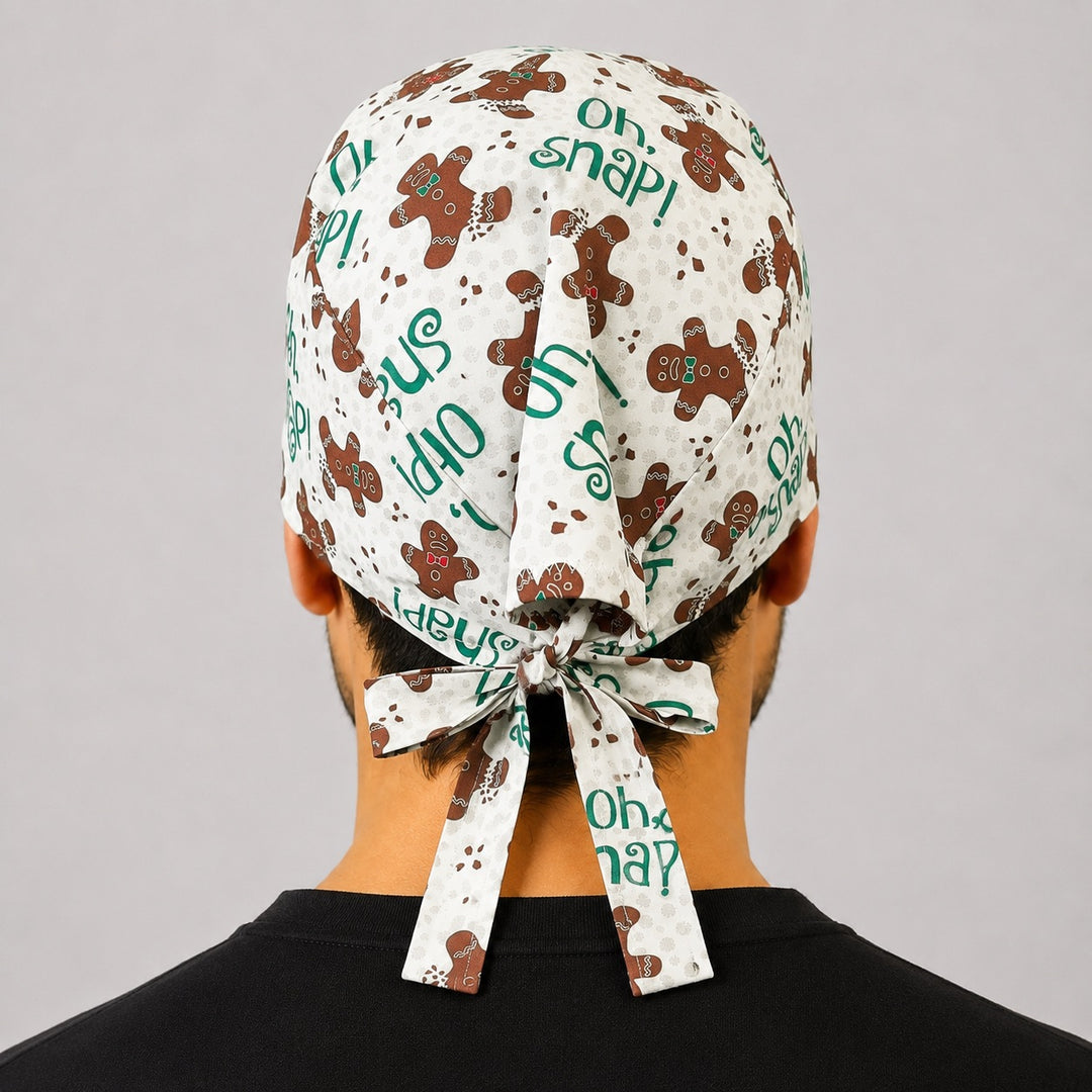 Back view of adjustable tie-back knot on gingerbread Oh Snap Christmas scrub cap surgical hat for men
