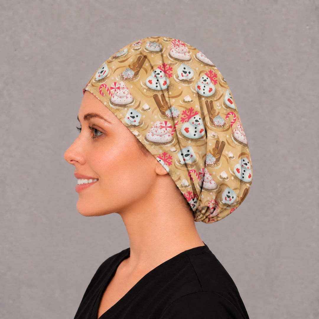 Gingerbread snowman Euro surgical cap, left angled view — elastic adjustable back that secures long or thick hair