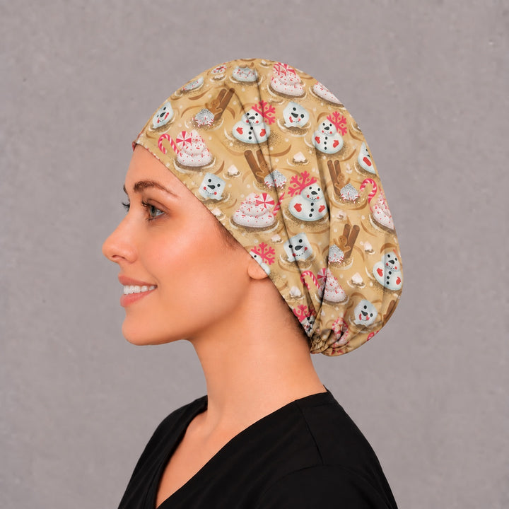 Gingerbread snowman Euro surgical cap, left angled view — elastic adjustable back that secures long or thick hair