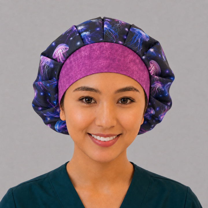 Woman wearing a glow jellyfish bouffant scrub cap, front view — neon purple and blue jellyfish on deep ocean print with orchid band, adjustable women&