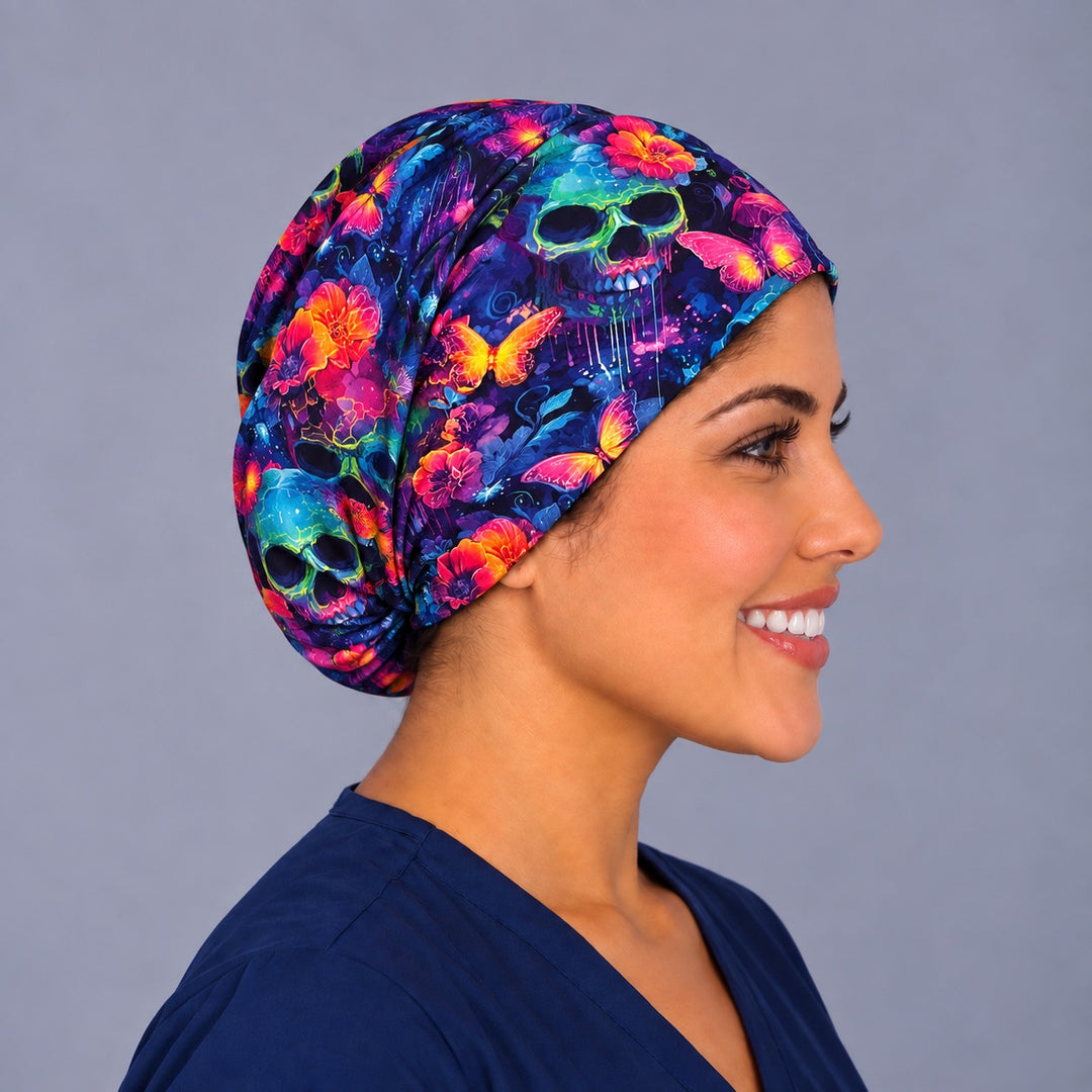 Right profile of the glowing skull floral Euro cap, gathered elastic back for short or medium hair, unisex scrub cap