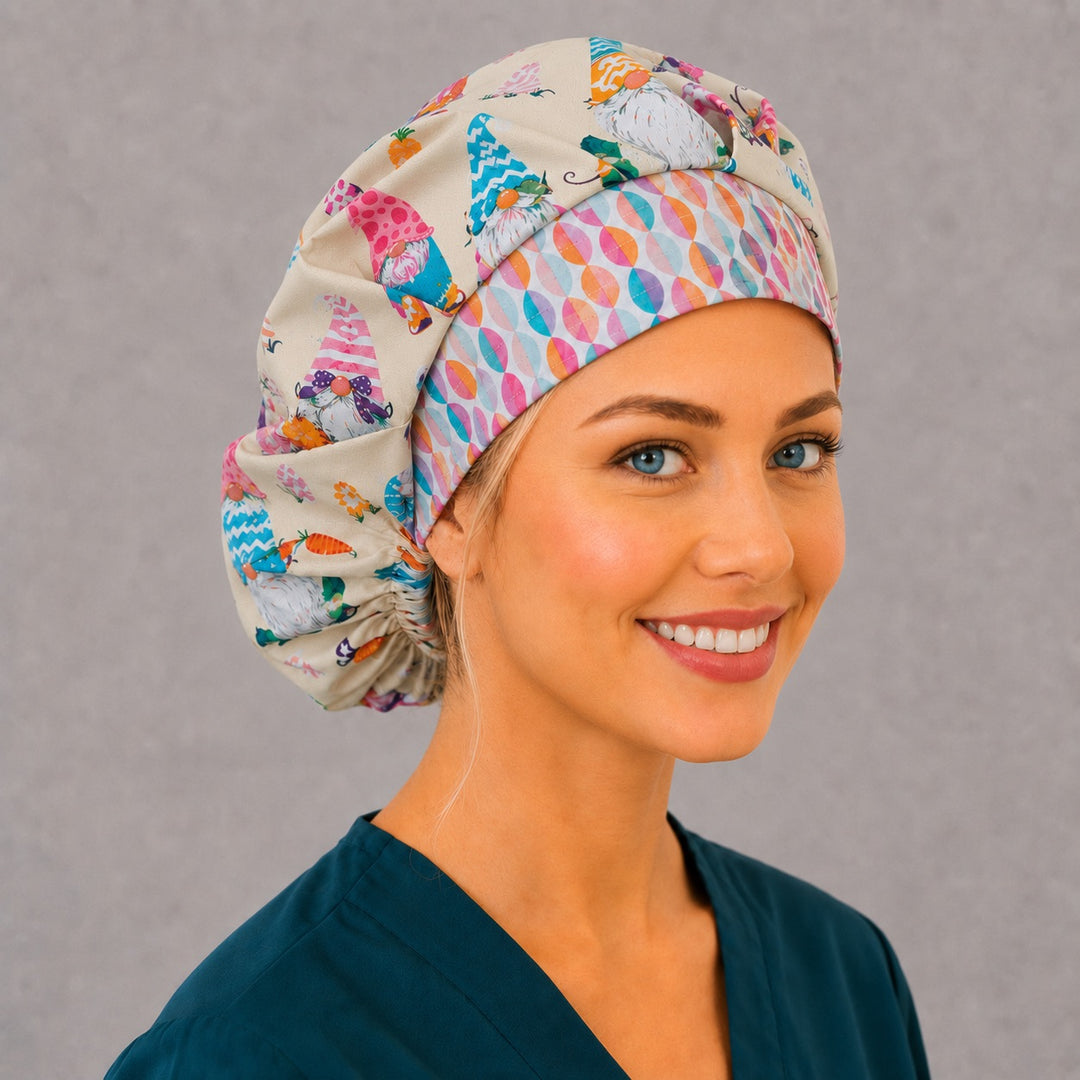 Gnome, bunny and carrot bouffant scrub cap angled smiling view — roomy elastic-back Easter cap that secures long thick hair