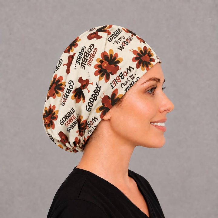 Gobble Gobble turkey Euro cap for women, right side profile — breathable cotton Thanksgiving cap with full coverage