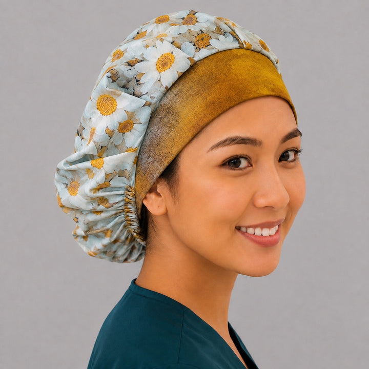 Gold band daisy bouffant cap for women, angled smiling view — handmade floral surgical cap, USA made