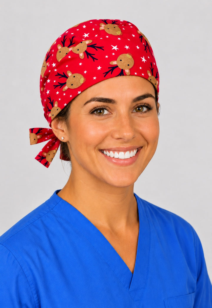 Gold nose reindeer scrub cap in left angled view, Christmas gift for pediatric nurses and techs