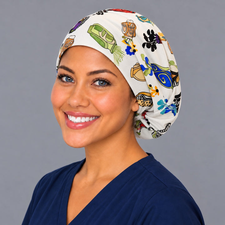 Golf bag Euro cap, left angled smiling view — handmade colorful golfer surgical cap, USA made