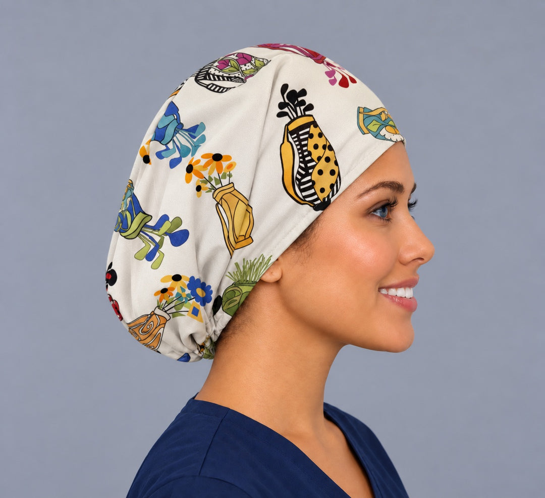Right side profile of the golf blossoms Euro surgical hat — polka dot and striped golf bags with wildflowers, breathable cotton cap