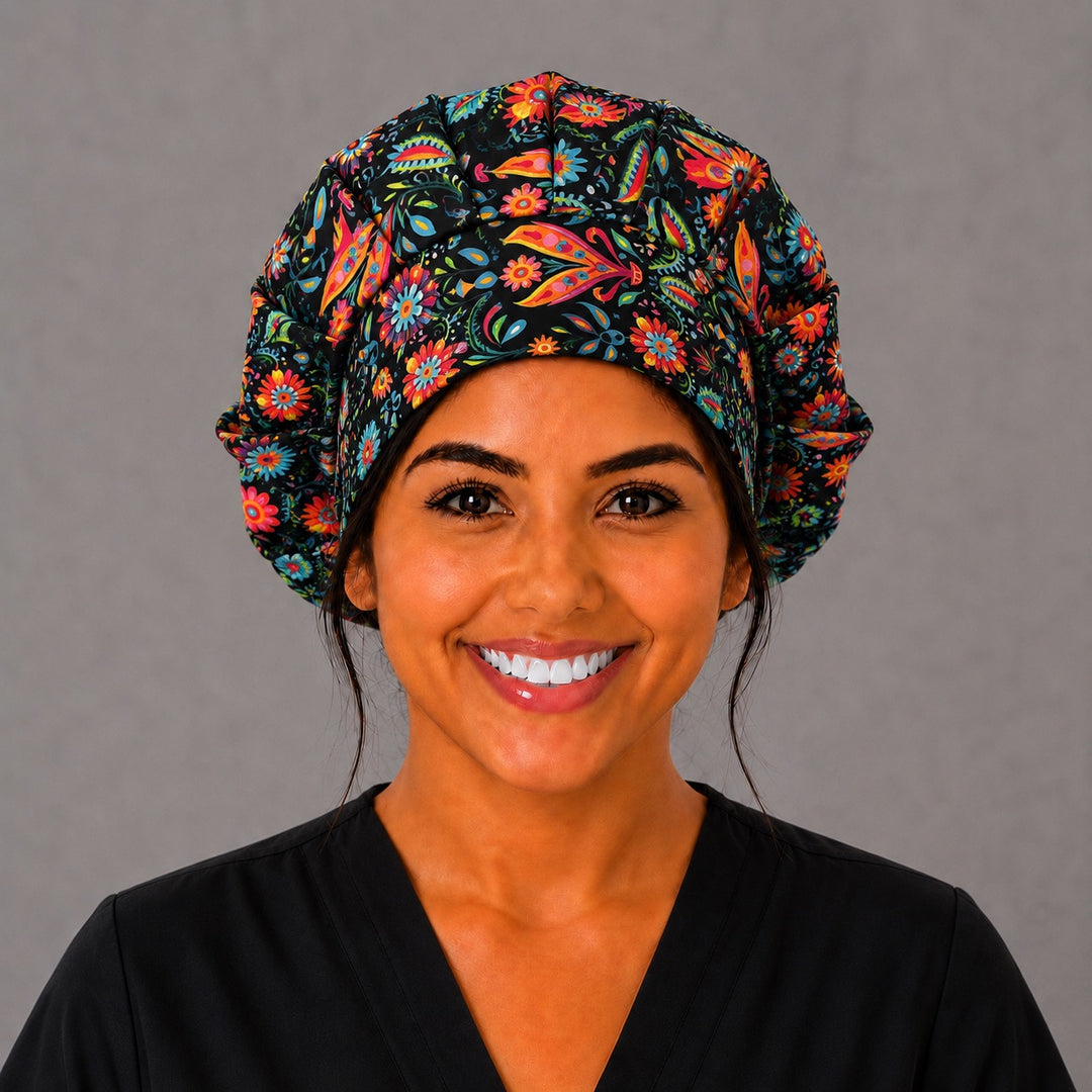 Gorro quirúrgico mexicano floral negro, front view of colorful bouffant scrub cap for women handmade in the USA