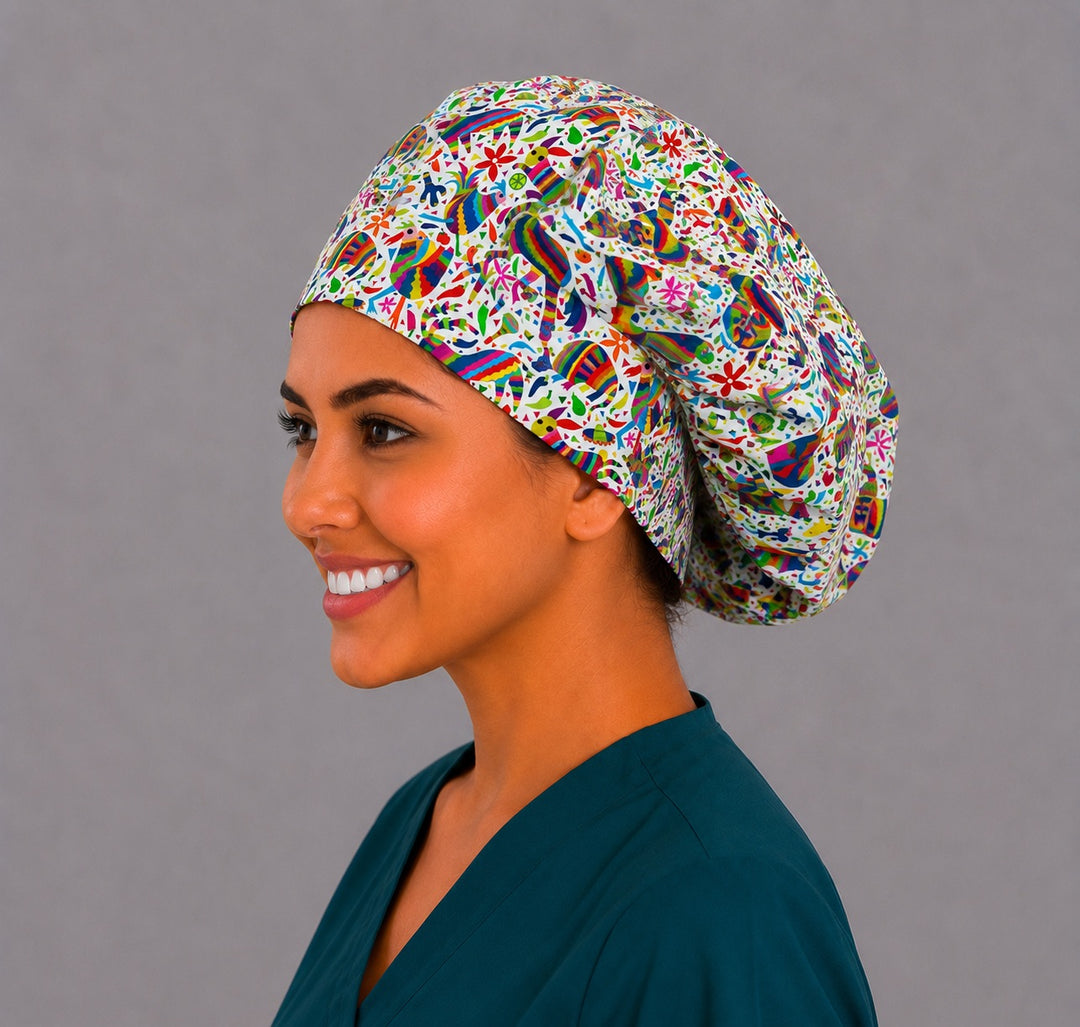Gorro quirúrgico mexicano Otomí, side profile of colorful bouffant scrub cap for women handmade in the USA